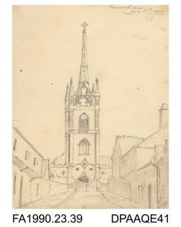 Drawing, pencil drawing, sketch of Faversham Church, Faversham, Kent, drawn by Captain Durrant, 1809
album of watercolours/drawings of Kent, Hampshire, Sussex, Isle of Wight, Wiltshire, Essex, Suffolk and Devon, contained within paper boards edged with 