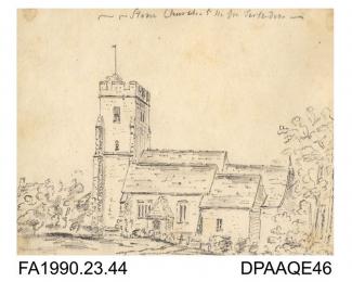 Drawing, pencil drawing, Stone Church, five miles from Tenterden, Kent, drawn by Captain Durrant, 1802-1813
album of watercolours/drawings of Kent, Hampshire, Sussex, Isle of Wight, Wiltshire, Essex, Suffolk and Devon, contained within paper boards edge