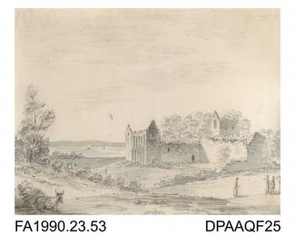 Index number 49: drawing, pencil drawing, a view of Netley Abbey, Netley, Hampshire, drawn by Captain Durrant, 1810
album of watercolours/drawings of Kent, Hampshire, Sussex, Isle of Wight, Wiltshire, Essex, Suffolk and Devon, contained within paper boa