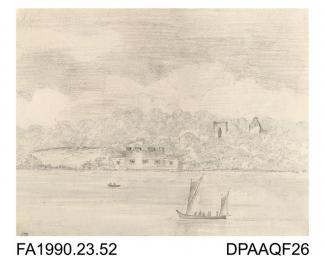 Index number 48: drawing, pencil drawing, a view of Calshot Castle from Southampton Water, drawn by Captain Durrant, 1802-1813
album of watercolours/drawings of Kent, Hampshire, Sussex, Isle of Wight, Wiltshire, Essex, Suffolk and Devon, contained withi
