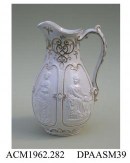 Jug, glazed Parian porcelain, 'International' design, featuring relief-moulded classical figures representing Art, Science, Industry and Commerce; base, moulded factory mark, pattern name and registered design mark with encoded date of 25th January 1862