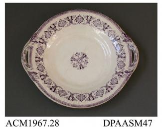 Tureen stand, white earthenware, decorated in mauve transfer-printed 'Sicily' pattern of linked floral motifs; back, printed pattern name and makers' initials on underside of rim, impressed registered design mark with encoded date of 6th June 1860, made