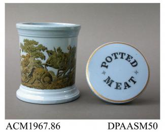 Potted meat jar, with lid, blue-stained stoneware, the lid with printed inscription POTTED MEAT, the jar decorated with a depiction of a boar hunt in a stippled engraving superimposed on a conforming printed yellow ground; printed registered design mark