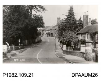 Photograph, black and white, showing village street, Botley, Hampshire. 1950-59