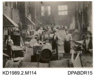 Photograph, black and white, showing workmen in the old smithy boiler shop, Tasker and Co, Waterloo Foundry, Anna Valley, Abbotts Ann, Hampshire, 1880-1910