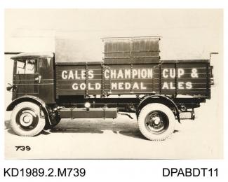Photograph, black and white, showing a lorry for Gales Brewery, by Tasker and Co, Waterloo Foundry, Anna Valley, Abbotts Ann, Hampshire