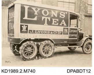Photograph, black and white, showing a lorry for J Lyons, tea merchant, Cadby, London W14, built by Tasker and Co, Waterloo Foundry, Anna Valley, Abbotts Ann, Hampshire
