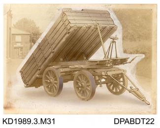 Photograph, black and white, showing a tipper 4 wheel trailer, built by Tasker and Co, Waterloo Foundry, Anna Valley, Abbotts Ann, Hampshire
