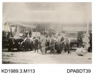 Photograph, black and white, showing a collection of Tasker built vehicles on showground, Tasker and Co, Waterloo Foundry, Anna Valley, Abbotts Ann, Hampshire