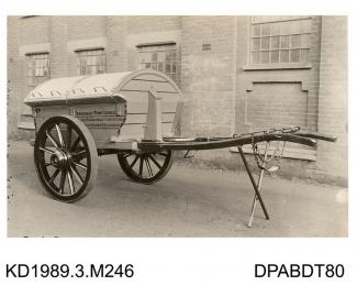 Photograph, sepia, showing a dust cart, used by Tewkesbury Town Council, Tewkesbury, Gloucestershire, built by Tasker, Waterloo Iron Works, Anna Valley, Abbotts Ann, Hampshire