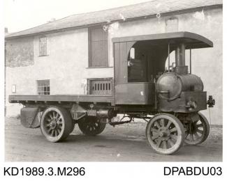 Photograph, black and white, showing a steam wagon, for Yorkshire Steam Wagon, built by Tasker and Co, Waterloo Foundry, Anna Valley, Abbotts Ann, Hampshire