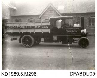 Photograph, black and white, showing a steam wagon, for J H Bradfield and Sons, Longstock Flour Mill, Stockbridge, Hampshire, built by Tasker and Co, Waterloo Foundry, Anna Valley, Abbotts Ann, Hampshire