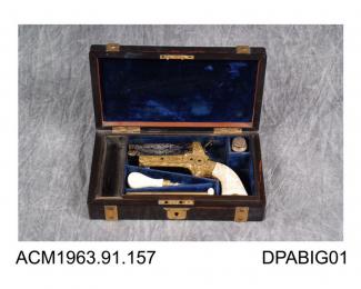 Pistol, multi-barrelled pinfire pistol with rotating striker, four barrels, Sharps patent, model T L, decorated by J Purdey, made under licence by Tipping and Lawden, Birmingham, West Midlands 1860s