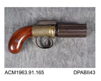 Pepperbox, revolver, six barrel, engraved white metal body with bar hammer, made by Reilly, 316 Holborn, London, about 1845