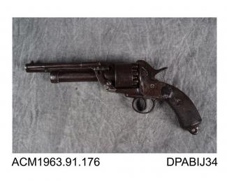 Revolver, nine shot combination pistol, lower gun barrel 18 bore, upper barrel rifled 70 bore, made by Le Mat, patent of 1859