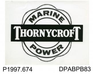 Photograph, black and white, showing a Thornycroft marine logo badge