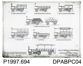 Photograph, black and white, showing an engineering drawing of eight different A, B, C, D type steam vehicles, Thornycroft, Worting Road, Basingstoke, Hampshire