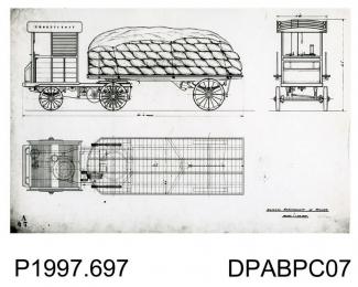 Photograph, black and white, showing an engineering drawing of the general arrangement of a trailer, built by Thornycroft, Worting Road, Basingstoke, Hampshire