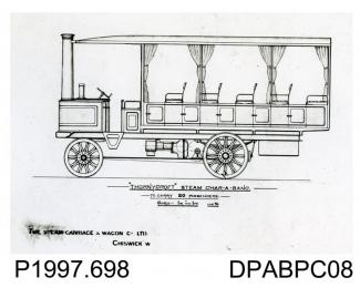 Photograph, black and white, showing an engineering drawing of a 20 seater steam charabanc, built by Thornycroft, Worting Road, Basingstoke, Hampshire