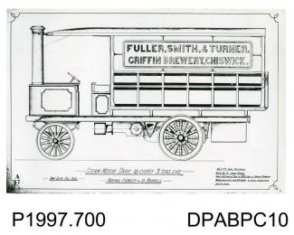Photograph, black and white, showing an engineering drawing of a 3 ton steam motor dray, built by Thornycroft, Worting Road, Basingstoke, Hampshire