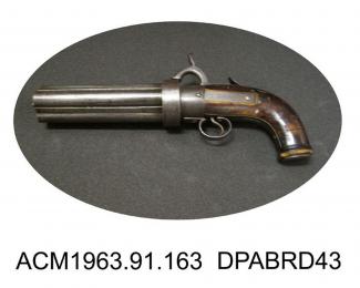 Pepperbox, revolver, four shot, hand rotated, possibly made in United States, 1850s