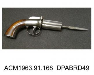 Revolver, 120 bore, six shot self cocking pepperbox percussion revolver with built in bayonet, Birmingham proof 1850