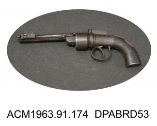 Revolver, six shot pepperbox with folding bayonet on left, 80 bore, made in Birmingham? West Midlands, about 1850