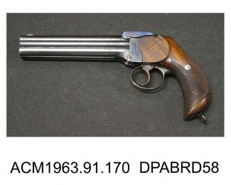 Pistol, .455in cf caliber, four barrel Lancaster pistol, based on Thorn patent of 1881, single rotating striker cocked and fired by the single trigger, with bird grip, made in London, late 19th cen