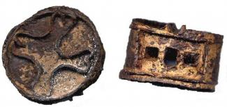 Iron padlock with brass plating decorated at one end with a strip of iron formed into a cross with rounded ends. From F15, context 66, CHR76-80, Chester Road, Winchester, Hampshire. Excavated by K. Gordeuk and G. Scobie, 1976-80.