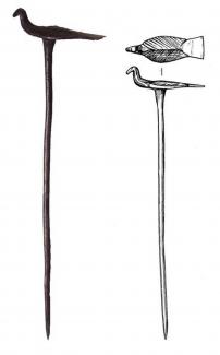 Roman silver hairpin with bird head from grave G38, SMCW 84-86, St Martins Close, Winnall, Winchester.