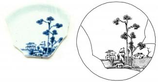 Chinese porcelain saucer with interior landscape scene.
